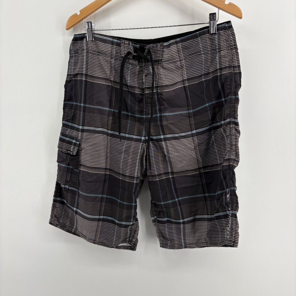 O'Neill Board Shorts Men 34 Black Plaid Excellent Cargo Pocket Surf Swim